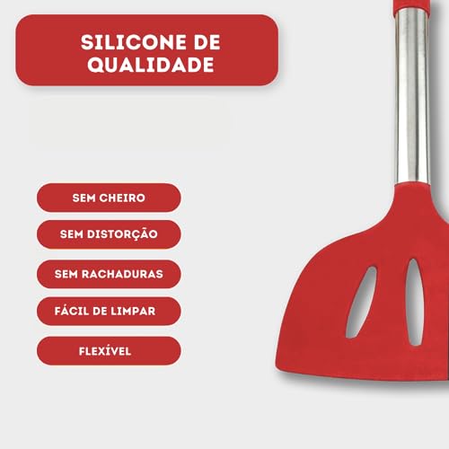 Kit 15 Utensílios De Cozinha Com Cabo De Inox e Silicone Premium (Vermelho)