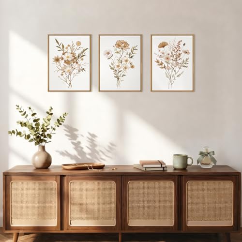 Image of KAIRNE Neutral Boho Floral Framed Canvas Wall Art Set, Vintage Botanical Flower Wall Decor, Minimalist Wildflower Art Prints, Modern Beige Artwork for Living Room, Bedroom, Farmhouse, Office-12 inchx16 inchx3