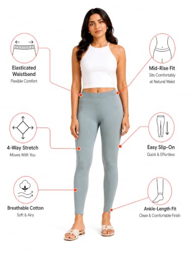 Image of Women's Cotton Lycra Ankle Length Leggings | Regular Rise, Soft 4 Way Stretch Fabric | Casual & Ethnic Wear