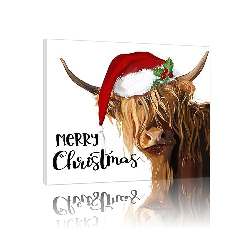 Highland Cow Canvas Wall Art – Merry Christmas