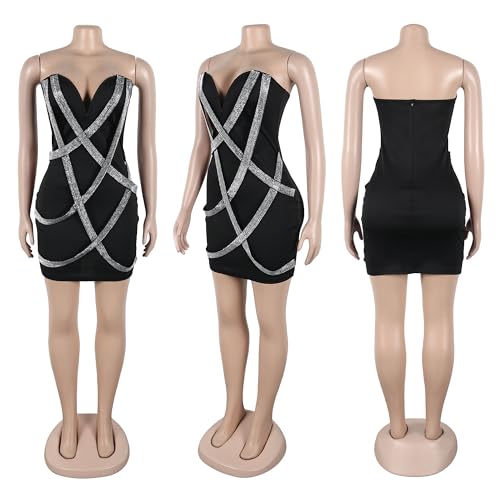 Image of Jigfar Women's Sexy Rhinestone Sheer Mesh See Through Bodycon Dress Birthday Party Club Night Outfits