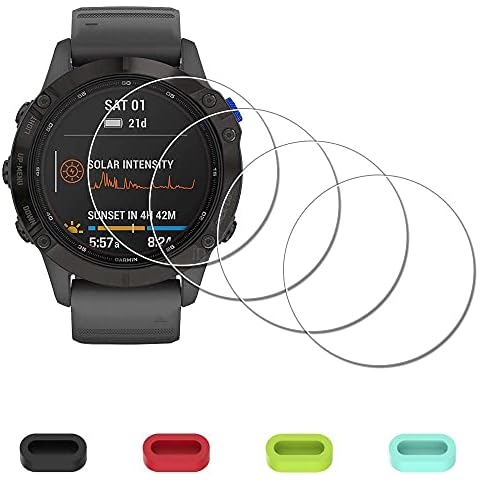 [4 Pack] Screen Protector for Garmin fenix 6/6 Pro Multisport GPS 47mm Watch + Silicone Anti-dust Plugs, iDaPro Tempered Glass Anti-Scratch Bubble-Free Cover