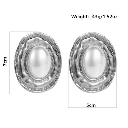 Chunky Large Pearl Statement Earrings for Women Exaggerated Big Geometric Oval Pearls Dangle Earring Two Tone Silver Costume Outfit Jewelry Accessories3