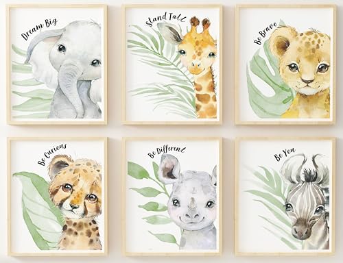 Image of Baby Safari Animals Wall Art Prints - Nursery Decor - Set of 6-8x10 - Jungle Nursery Room Pictures for Baby Girl Boy Kids - Motivational Quotes - Watercolor - Unframed -