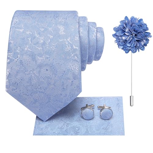 Image of Hi-Tie Mens Baby Blue Silk Tie Classic Woven Necktie Lapel Pin Pocket Square Cufflinks Sets Formal Business Wedding