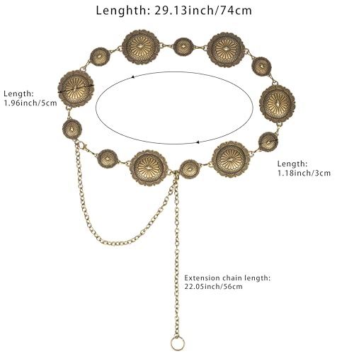 Golden Boho-Metal Waist Chain Belt - Women Adjustable Western-Oval-Concho Country-Cowgirls Belts for Dresses Jeans3