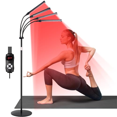 SAVILER 4 Heads Red Light Therapy Lamp with Base, 3-in-1 Chip Infrared Light Therapy Device, Height Adjustable, 660nm Red Light and 850nm Near Infrared Light for Face, Body, Pain, Skin - Home Use
