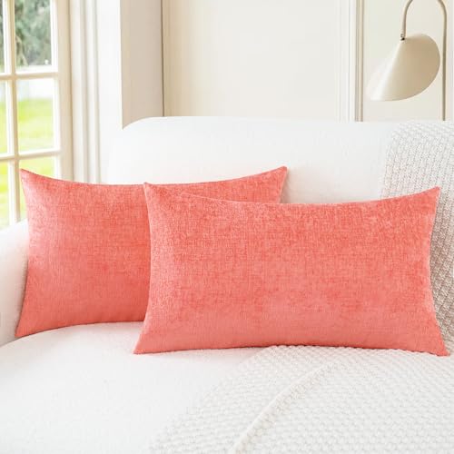 Image of CaliTime Pack of 2 Cozy Bolster Pillow Covers Cases for Couch Sofa Home Decoration Solid Dyed Soft Chenille 12 X 20 Inches Living Coral