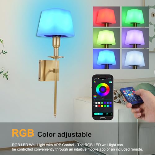 Image of Neoglint RGB Battery Operated Wall Sconces Set of 2, Wireless LED Wall Lights Indoor with App Control, Dimmable Rechargeable Gold Wall Lamps, Music Sync, Timer for Bedroom Living Room Gaming