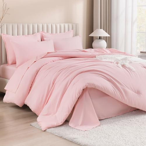 Litanika Twin/Twin XL Size Comforter Sets Pink - 5 Pieces Bed in a Bag Twin/Twin XL Bedding Comforter Sets, Solid Lightweight Bed Set with Comforter, Sheets, Pillowcase & Sham