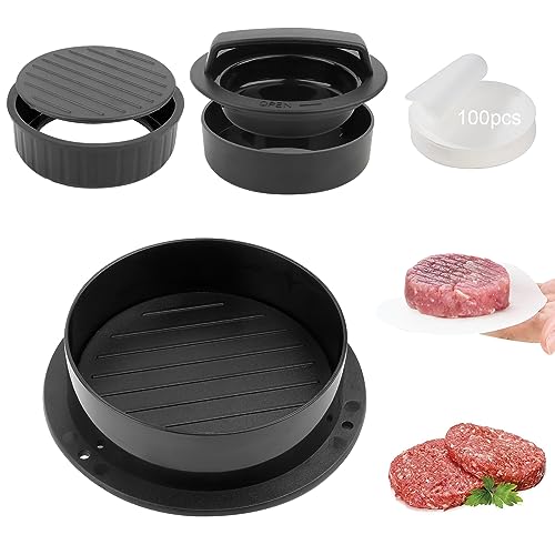 VFANDV Burgerpresse, Professionelle Hamburgerpresse 3 in 1 Set Burger Patty Presse mit 100 Blatt Burger Papier Burger Pattie Press mit Griff aus ABS für Burger Grill Patties Frikadellen Leckere