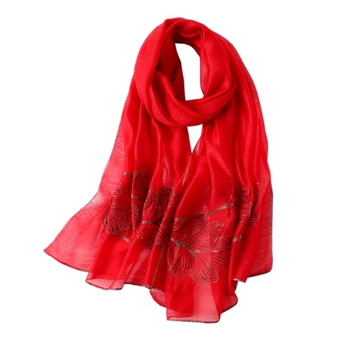 WINCESS.YU Silk Scarf for Women Lightweight Shawls and Wraps for Weddings Fashion Pashmina Shawl Embroidered Scarves (Leaf Embroidery Red)