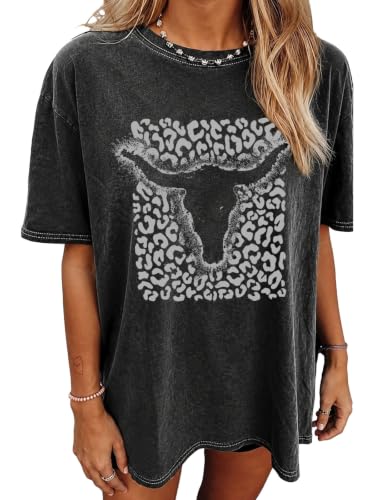 Eatbook Oversized Western Shirts for Women Country Cow Skull Graphic Tee