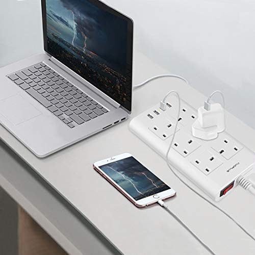 Surge Protected Extension Lead, AUOPLUS 6 Gang Power Strip with 4 USB Port, Multi Plug Charging Station for Phone/Tablet/Laptops, Power Extension for Home & Office - 2 Meter Cord - white