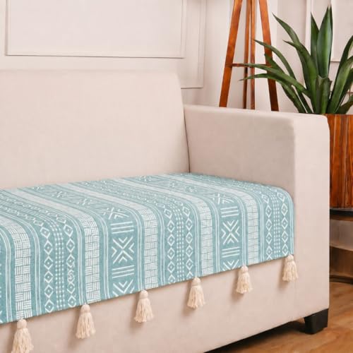 Image of STITCHNEST 'Verdant Bohemian Stories' 1 Seater Sofa Cover| Elegant Jacquard Fabric, Decorative Tassels, Washable & Durable for Modern Living