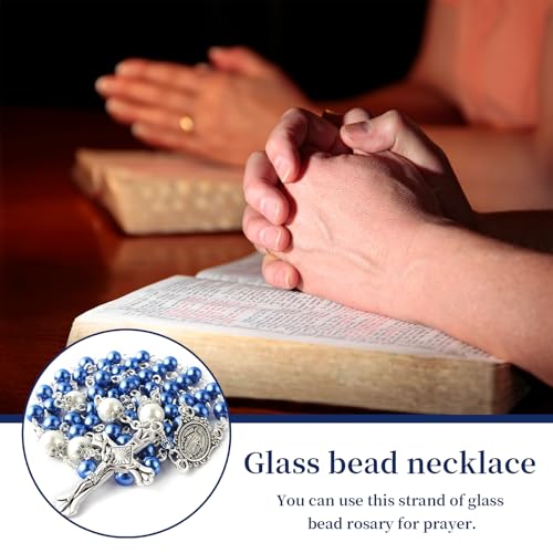 Calkkrer 6mm Glasperlen Rosenkranz mit 8mm Vaterunser-Perlen, Katholische Kette im Wunder-Metall-Geschenkbox, Erstkommunion und Personalisiertes Blau Rosenkranz