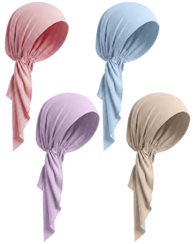 Image of Halfchet 4 Pcs Chemo Headwear for Women Pre Tied Cancer Caps Head Scarf Turbans for Women Patients Gifts