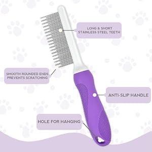 Detangling Pet Comb for Dog & Cat, Grooming Comb with Long & Short Stainless Steel Teeth, Safely Remove Knots & Tangles for Healthy Shiny Coat, Gentle Effective Detangling Tool for Pet Hair (Purple) Detangling Pet Comb for Dog & Cat, Grooming Comb with Long & Short Stainless Steel Teeth, Safely Remove Knots & Tangles for Healthy Shiny Coat, Gentle Effective Detangling Tool for Pet Hair (Purple)