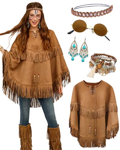 kasahara Poncho Indien Femme avec Franges et Accessoires – Cape Hippie Western avec Bijoux de Cheveux, Déguisement Cowgirl pour Carnaval, Halloween, Festival et Soirée à Thème (Brown, 74cm-Lang)