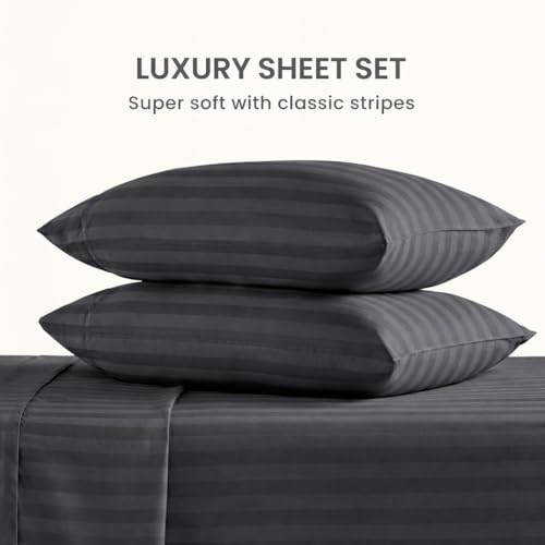 Image of Single Size Bedsheets for Single Bed 600 TC - Cotton Elastic Fitted Sheet (36 x 75 Inches) with 8 Inch Drop- Color Dark Grey Stripe [ Fitted Sheet with 2 Pillow Cover]