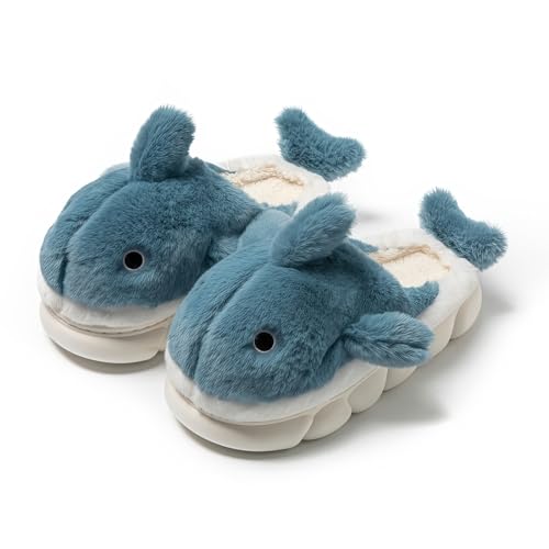 Image of STAR FIRE Women's Animal Warm Plush Slippers - Shark Slippers in Blue, Medium (UK 10)