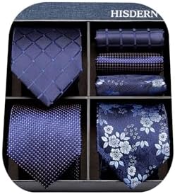 HISDERN Mens Ties Extra Long Tie and Pocket Square Set 63 Inch XL Tie Pack Collection Present Box Necktie Lot 3 PCS
