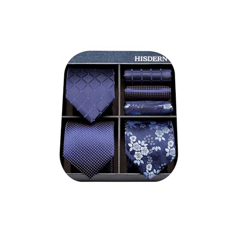 HISDERN Ties for Men Navy Blue Extra Long Tie and Pocket Square Set XL Silk Floral Plaid Neckties Handkerchief Elegantes Wedding Necktie Lot 3 PCS