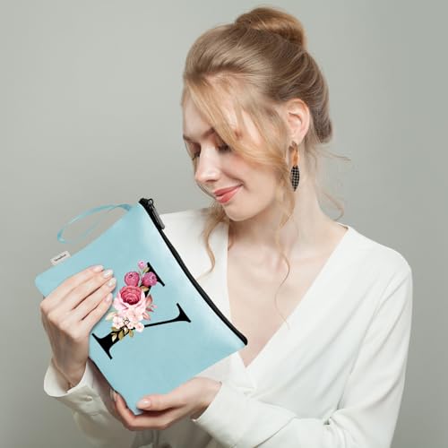 Image of Vavabox A-Z Personalized Makeup Bag, Birthday Gifts for Women Mom, Gifts for Best Friend, Bride Bridesmaid Cosmetic bag (Y, Aqua)