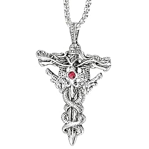 Victorian Vault Decorative Caduceus Red Rhinestone Sword Dagger Dragon Pendant Jewelry Gothic Necklace