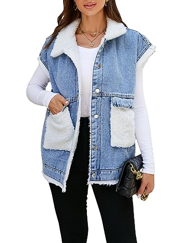 Womens Sherpa Fleece Lined Denim Vest Loose Sleeveless Wool Warm Jean Jacket Waistcoat Outwear Gilet with Pockets
