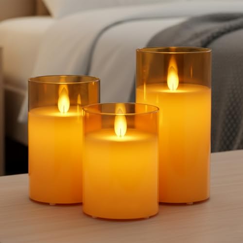Image of LTETTES LED Glass Cup Pillar Flameless Electric Candles | Flickering Faux Wick | White Color Glass | Battery Powered with Multifunctional Remote Controller for Home Decor | Set of 3 3 inch D x 4 inch,5 inch,6 inch H