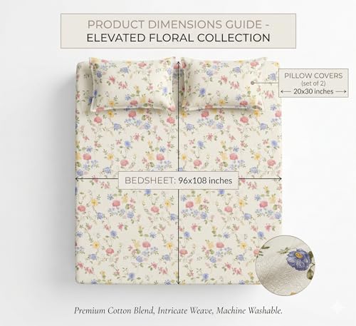 Image of BSB HOME Cloud Cotton King Size bedsheet | Flatsheet Summer Sheet with Two Pillow Covers | Super Soft Bed Sheet for King Size Bed Durable| Floral Design (270 x 250 cm, Off White & Vintage Blue)