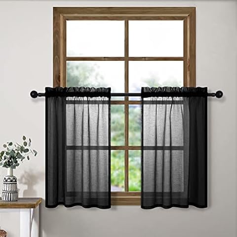 Short Curtains 36 inch Length for Small Bedroom Window 2 Panels Rod Pocket Country Farmhouse Semi Sheer Linen Textured Tier Cafe Privacy Curtain for Camper Basement Bathroom Kitchen 30x36 Long Black Cover