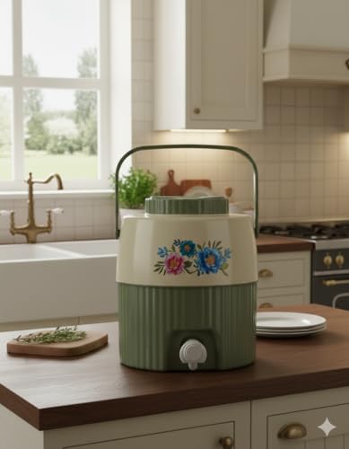 Image of Insulated Plastic Water Jug with Floral Design, 5 litres, Food Grade, BPA Free, Easy to Carry Handle, Green and Cream, Ideal for Office, Travel, Picnic and Kitchen (Green)