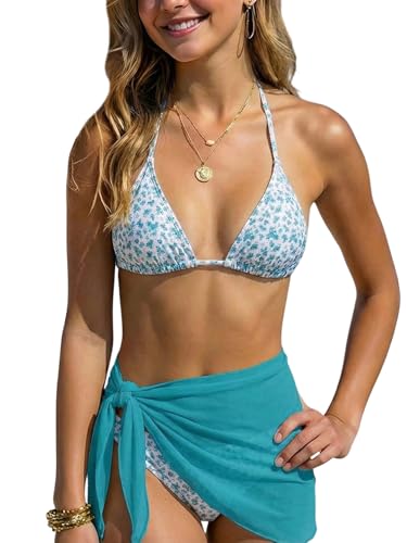 Image of SOLY HUX Girl's Summer Swimsuit Set Floral Halter Triangle Bikini Set with Wrap Skirts Beachwear
