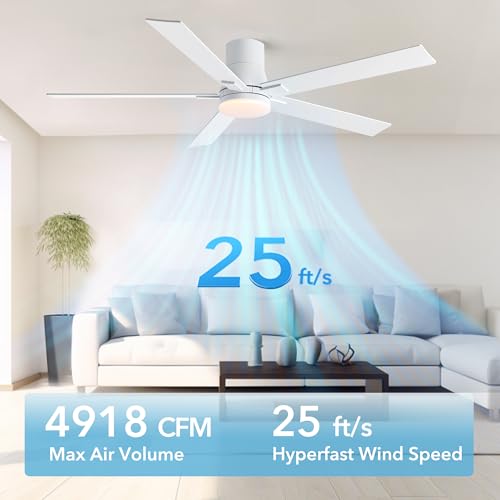 Image of Rayqueen 60 Inch Flush Mount White Ceiling Fans with Lights and Remote