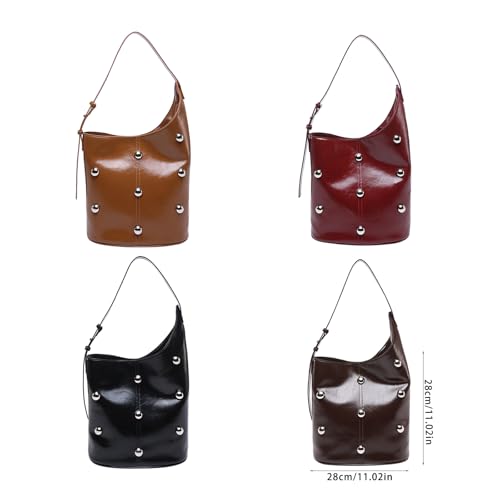 Elegant Slouchy Shoulder Bucket Bag for Women Rivets Beads Studded PU Leather Underarm Handbag with Spacious Interior2
