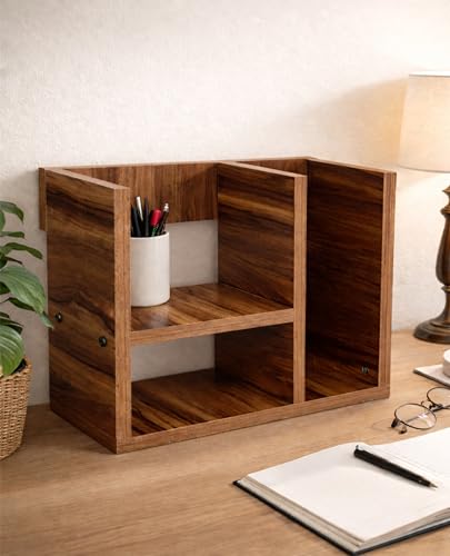 Enigmatic Woodworks Wooden Book Shelf for Home, Office Table, Living Room. Kitchen Stand, Book Rack for Library, Storage Organizer, Bedroom (H Shape, Suede Finish, DIY) (DS-02 Walnut)