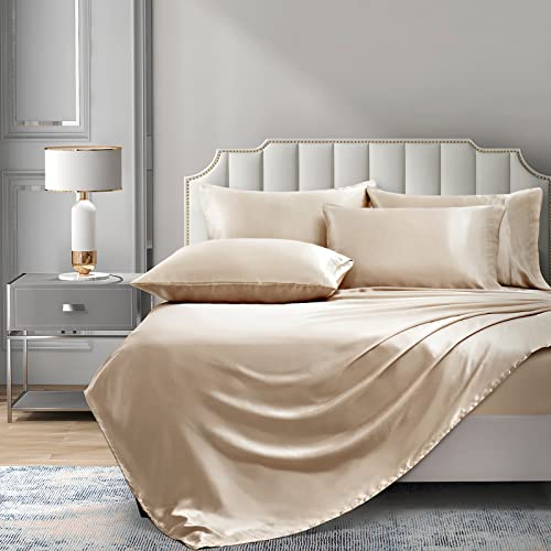 P Pothuiny Satin Sheets Queen (6 Pieces, Taupe) Luxury Silky Satin Bed Sheets Queen Bedding Set, Extra Soft Satin Sheet Set, 1 Satin Fitted Sheet + 1 Flat Sheet + 4 Pillow Cases #TOP2