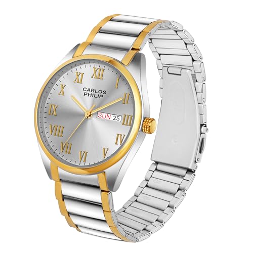 Image of Carlos Philip Men's Roman Numeral Analog Watch - Day and Date Display, Stainless Steel Strap, Quartz Movement, Business Style Watch for Men