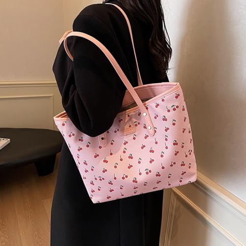 Tote Bags for Women Faux Leather Cherry Print Shoulder Bag Cute Floral Purse Trendy Tote Handbags for Travel Work 6