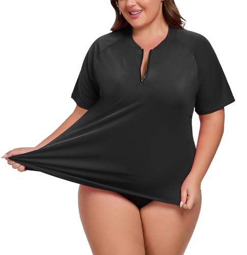 Women's Plus Size Short Sleeve Rash Guard Swim Shirt UPF 50+ Sun Protection Zip Swimsuit Tops 1XL-5XL3
