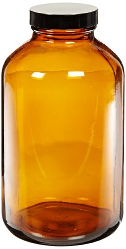 Kimble Type III Soda-Lime Glass Amber Wide-Mouth Packer Bottles with Pulp/Vinyl-lined Caps, Capacity 32oz (Case of 12)