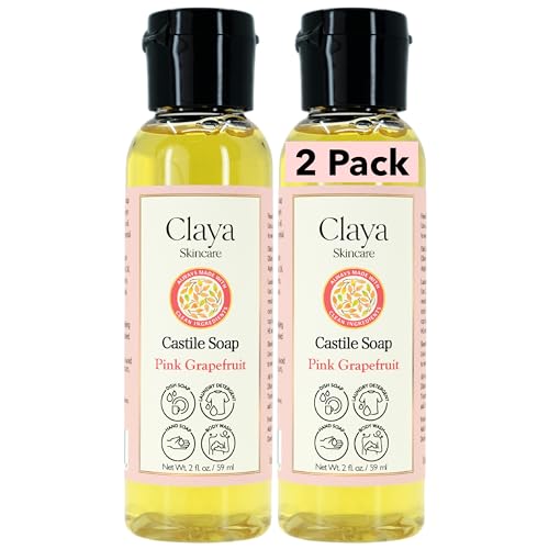 Image of Claya Pink Grapefruit Liquid Castile Soap - Organic Ingredients, Biodegradable, Gentle for Sensitive Skin, Versatile Use and Travel Size (2 Pack of 2 fl oz)