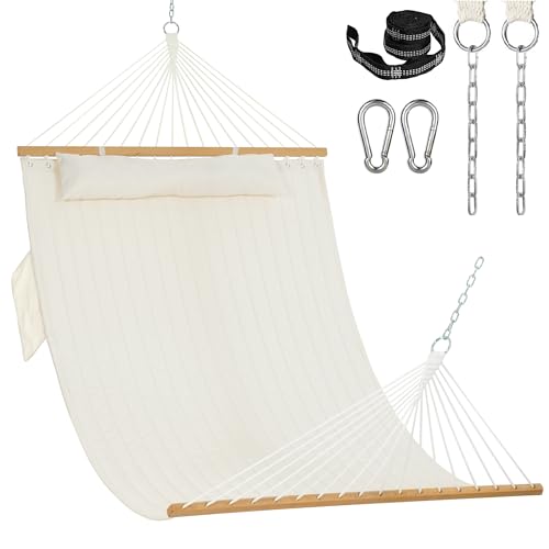 Lazy Daze Hammocks 2 Person Double Quilted Fabric Hammock with Spreader Bar, Detachable Pillow, Side Pocket, Carabiners, Chains, Straps for Outdoor, 450lbs Capacity, Natural