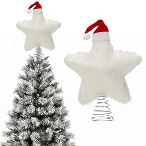 Plush Star Tree Topper with Santa Hat Furry Star Treetop Christmas Tree Toppers Ornaments Xmas Home Holiday Decoration 9" (White) Plush Star Tree Topper with Santa Hat Furry Star Treetop Christmas Tree Toppers Ornaments Xmas Home Holiday Decoration 9 White