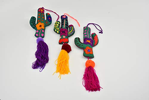 Sanyork Three 3 Felt Embroidered Christmas Ornament Cactus 5" Mexican Purse Pom Poms Luggage Tag #TOP3