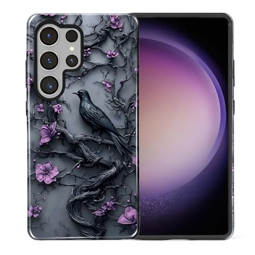 Coque Samsung S25 Ultra antichoc robuste violet foncé motif fleur oiseau rigide