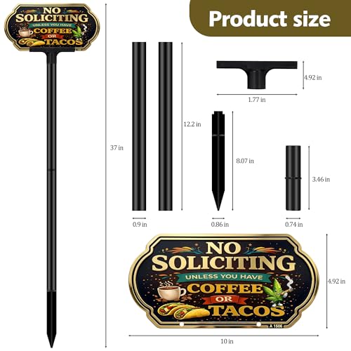Image of Funny No Soliciting Sign for House with Adjustable 37 inch Stake, Coffee and Tacos Welcome Private Property Sign for Yard, 10x5 inch Rust-Free Aluminum, UV Protected & Weatherproof for Housewarming Gift