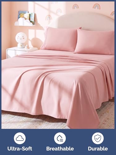 Image of Kids Queen Size Bed Sheet Set - 4 Piece Kids Loft Bed Sheets - Solid Pink Themed Bedding - Soft, Cute and Cozy - Breathable and Machine Washable - Bedding for Boys, Girls, Teens & Toddlers - Oeko-Tex